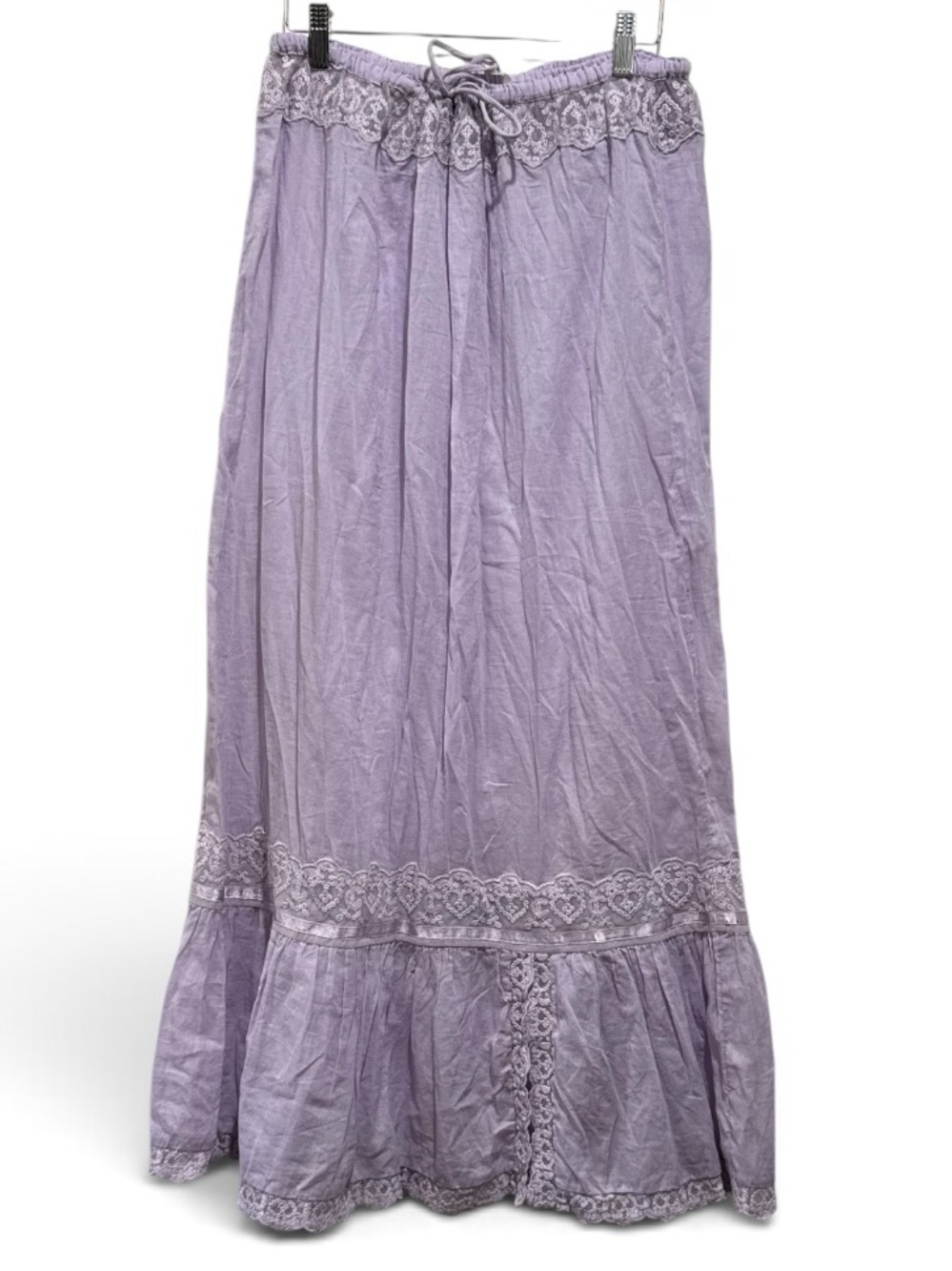 Free People Boho Lavender Maxi Skirt with Lace Waist and Hem #747